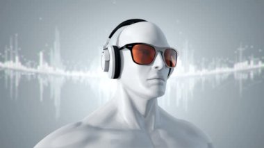 Gözlüklü ve kulaklıklı insanın soyut beyaz 3D modeli gri arka planda müzik dinliyor, kusursuz döngünün animasyonu 