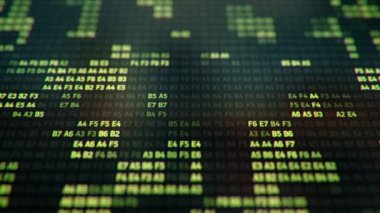 Bilgisayar ekranında farklı yapılandırmalarda yeşil ikili kodu temsil eden teknolojik arkaplan, kusursuz döngünün animasyonu