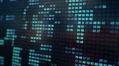 Bilgisayar ekranında farklı yapılandırmalarda mavi ikili kodu temsil eden teknolojik arkaplan, kusursuz döngünün animasyonu