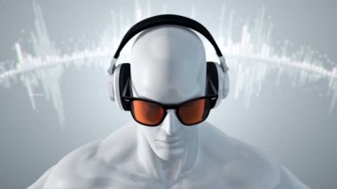 Gözlüklü ve kulaklıklı insanın soyut beyaz 3D modeli gri arka planda müzik dinliyor, kusursuz döngünün animasyonu 