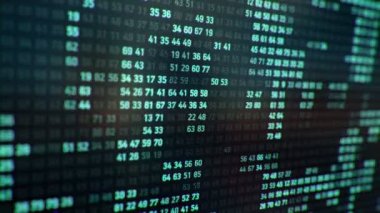 Bilgisayar ekranında farklı yapılandırmalarda turkuaz ikili kodların temsili ile teknolojik arkaplan, kusursuz döngünün animasyonu