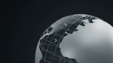 Gri Dünya Küresi 'ni camdan döndüren soyut koyu arkaplan, kusursuz döngü animasyonu 