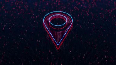 Koyu arkaplanda parlak harita noktası simgesi olan teknolojik arka plan. Kusursuz döngü 