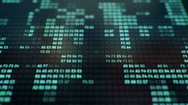 Bilgisayar ekranında farklı yapılandırmalarda turkuaz ikili kodların temsili ile teknolojik arkaplan, kusursuz döngünün animasyonu