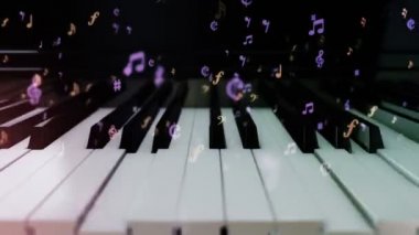 Piyano tuşlarına basılı piyano çalma animasyonu ve notaların uçan sembolleri, kusursuz döngünün animasyonu 