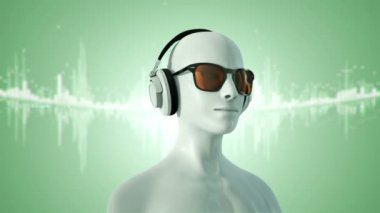Gözlüklü ve kulaklıklı insanın soyut beyaz 3D modeli yeşil arka planda müzik dinliyor, kusursuz döngünün animasyonu 
