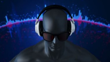 Gözlüklü ve kulaklıklı insanın soyut siyah 3D modeli mavi arka planda müzik dinliyor, kusursuz döngünün animasyonu 