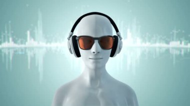 Gözlüklü ve kulaklıklı insanın soyut beyaz 3D modeli turkuaz arka planda müzik dinliyor, kusursuz döngünün animasyonu 