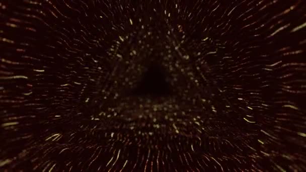 Fond technologique abstrait avec animation de vol dans le tunnel à partir de bandes dorées et de particules scintillantes comme transfert de données, Animation de boucle transparente 