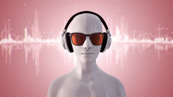 Abstract White Model Human Eyeglasses Headphones Listening Music Pink Background — Stock Video