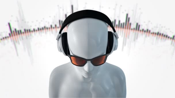 Abstrato Modelo Humano Óculos Fones Ouvido Ouvindo Música Fundo Branco — Vídeo de Stock