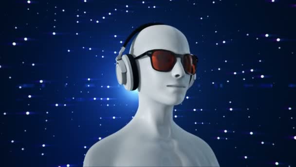 Abstract White Model Human Eyeglasses Headphones Listening Music Blue Background — Stock Video