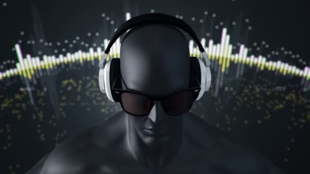 Abstract Black Model Human Eyeglasses Headphones Listening Music Grey Background — Stock Video