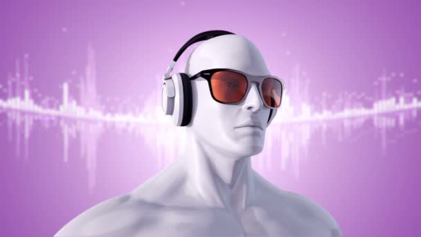 紫色の背景で音楽を聴く眼鏡やヘッドフォンの人間の抽象的な白い3Dモデル シームレスなループのアニメーション — ストック動画