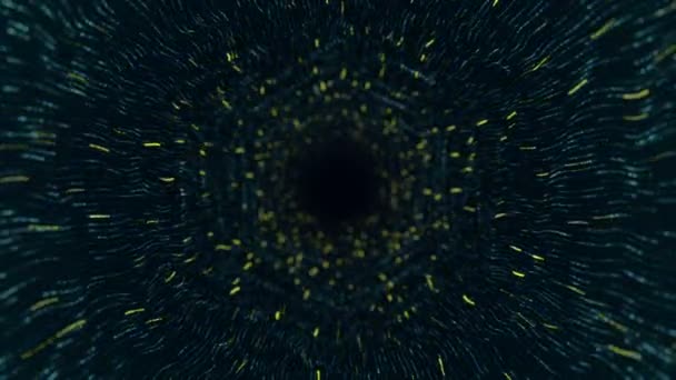 추상적 기술의 배경은 줄무늬와 거리는 입자로부터 터널로 비행하는 애니메이션을 데이터 — 비디오