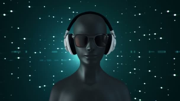 Abstracto Negro Modelo Humano Gafas Auriculares Escuchando Música Sobre Fondo — Vídeo de stock