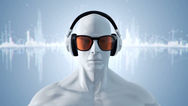 Abstracto Blanco Modelo Humano Gafas Auriculares Escuchando Música Sobre Fondo — Vídeos de Stock