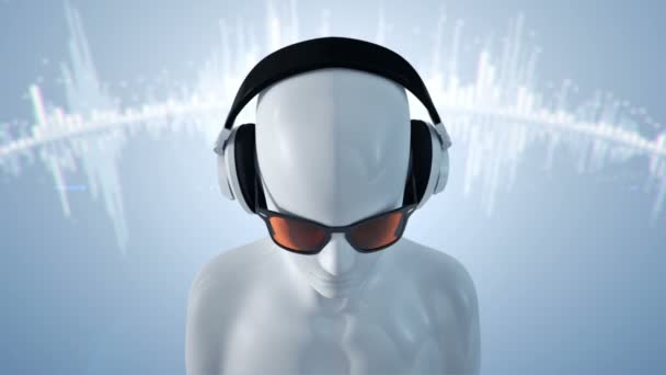 Abstrakcyjny Biały Model Człowieka Okularach Słuchawkach Słuchających Muzyki Niebieskim Tle — Wideo stockowe