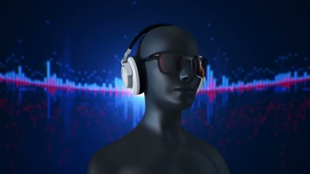 Абстрактна Чорна Модель Людини Окулярах Навушниках Слухають Музику Синьому Фоні — стокове відео