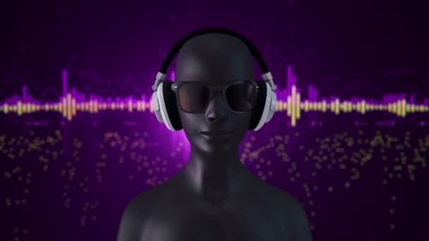 紫色の背景で音楽を聴く眼鏡やヘッドフォンの人間の抽象的な白い3Dモデル シームレスなループのアニメーション — ストック動画