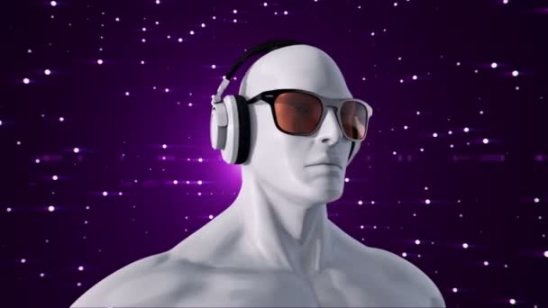 Abstract White Model Human Eyeglasses Headphones Listening Music Purple Background — Stock Video