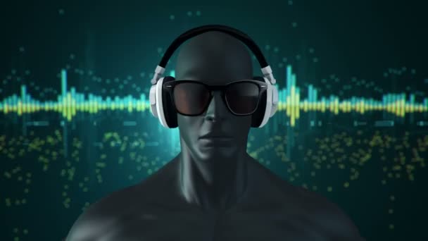 眼镜和耳机中的人类抽象黑色3D模型 在蓝绿色背景下听音乐 无缝循环动画 — 图库视频影像