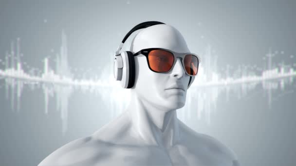 Astratto Bianco Modello Umano Occhiali Cuffie Ascoltare Musica Sfondo Grigio — Video Stock