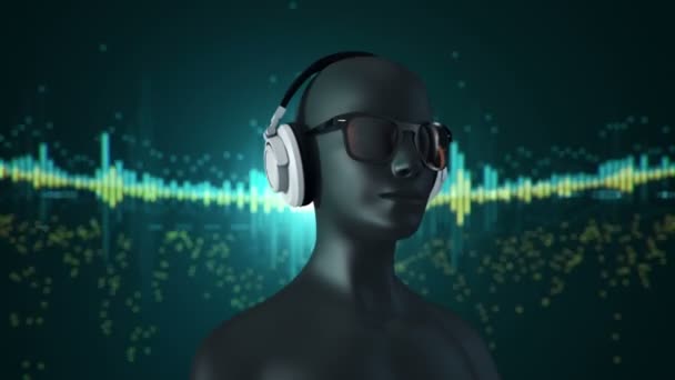 Абстрактна Чорна Модель Людини Окулярах Навушниках Слухають Музику Бірюзовому Фоні — стокове відео