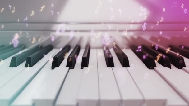 Фон Анімацією Гри Піаніно Натисканням Клавіш Піаніно Літаючими Символами Музичних — стокове відео