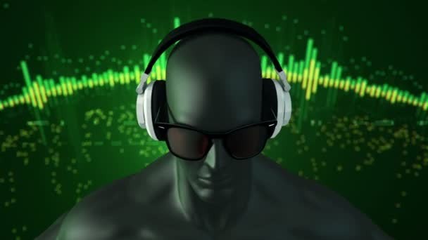 Abstract Black Model Human Eyeglasses Headphones Listening Music Green Background — Stock Video