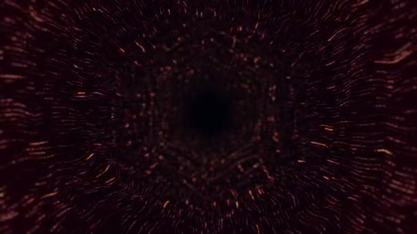 Abstrakcyjne Tło Technologii Animacją Lotu Tunelu Czerwonych Pasków Migoczących Cząstek — Wideo stockowe