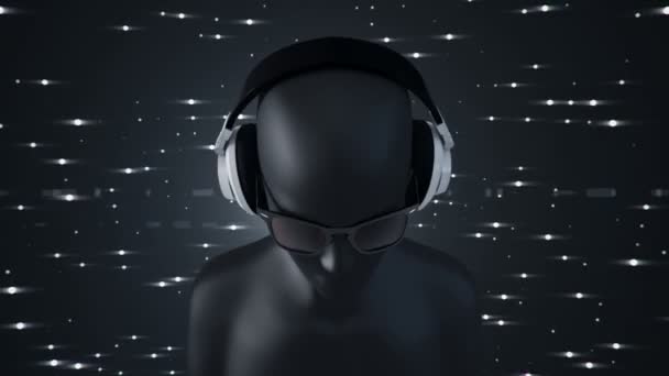 背景の灰色で音楽を聴く眼鏡やヘッドフォンの人間の抽象的な黒3Dモデル シームレスなループのアニメーション — ストック動画