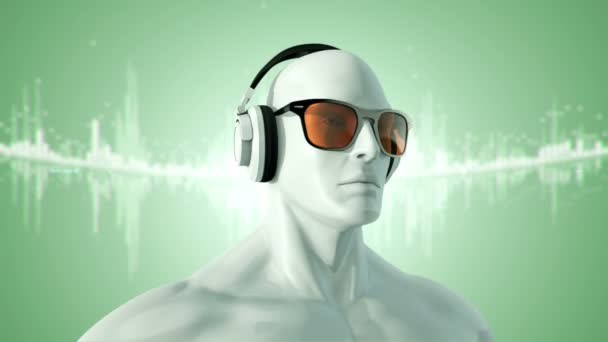 Abstract white 3d model of human in eyeglasses and headphones listening to music on green background , Animation of seamless loop — Stock Footage Abstract White Model Human Eyeglasses Headphones Listening Music Green Background Stock Footage