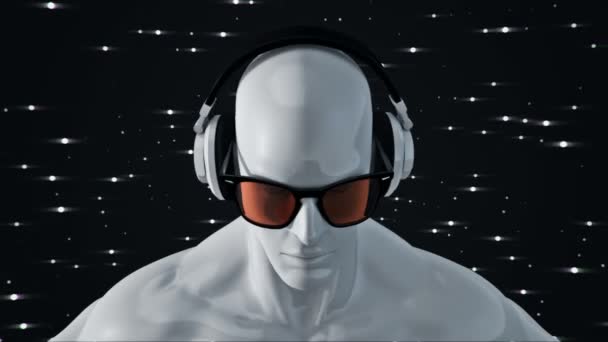 Abstracto Blanco Modelo Humano Gafas Auriculares Escuchando Música Sobre Fondo — Vídeo de stock