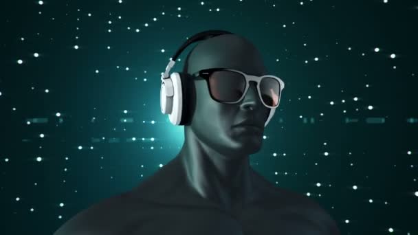 Gözlüklü Kulaklıklı Insanın Soyut Siyah Modeli Turkuaz Arka Planda Müzik — Stok video