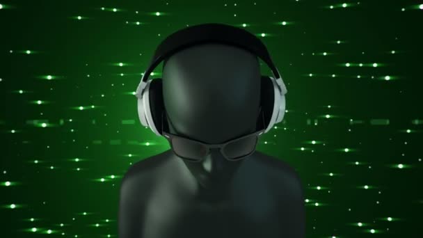 緑の背景で音楽を聴く眼鏡やヘッドフォンの人間の抽象的な黒3Dモデル シームレスなループのアニメーション — ストック動画