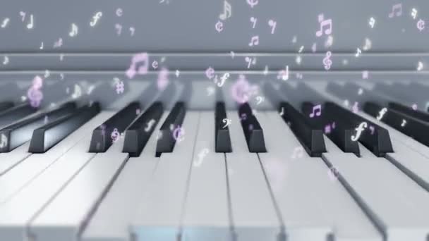 Фон Анімацією Гри Піаніно Натисканням Клавіш Піаніно Літаючими Символами Музичних — стокове відео