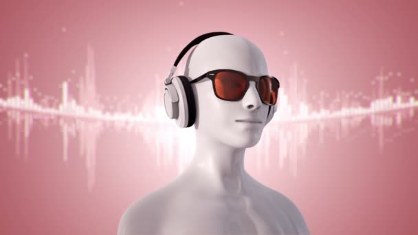 Abstrakcyjny Biały Model Człowieka Okularach Słuchawkach Słuchających Muzyki Różowym Tle — Wideo stockowe