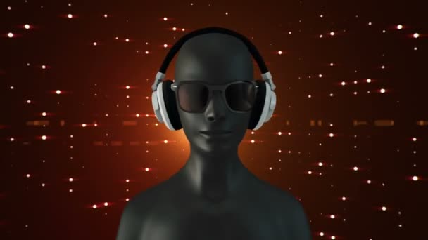Абстрактна Чорна Модель Людини Окулярах Навушниках Слухають Музику Червоному Тлі — стокове відео