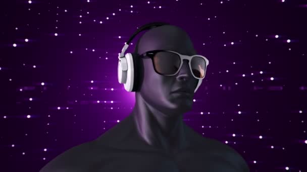Gözlüklü Kulaklıklı Insanın Soyut Beyaz Modeli Mor Arka Planda Müzik — Stok video