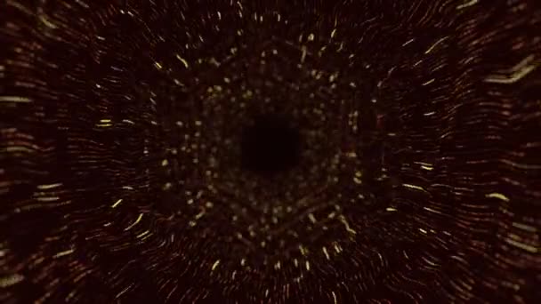 Abstraktní Technologické Zázemí Animací Létání Tunelu Zlatých Pruhů Mihotavých Částic — Stock video