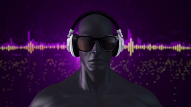 Абстрактна Біла Модель Людини Окулярах Навушниках Слухають Музику Фіолетовому Фоні — стокове відео