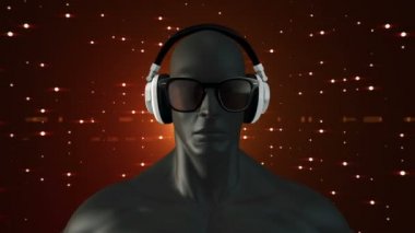 Kırmızı arkaplanda müzik dinleyen gözlüklü ve kulaklıklı insanın soyut siyah 3D modeli, kusursuz döngünün animasyonu 