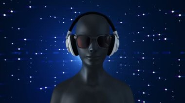 Gözlüklü ve kulaklıklı insanın soyut siyah 3D modeli mavi arka planda müzik dinliyor, kusursuz döngünün animasyonu 