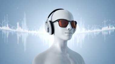 Gözlüklü ve kulaklıklı insanın soyut beyaz 3D modeli mavi arka planda müzik dinliyor, kusursuz döngünün animasyonu 