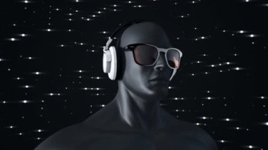 Gözlüklü ve kulaklıklı insanın soyut siyah 3D modeli. Gri arka planda müzik dinliyor. Kusursuz döngünün animasyonu. 