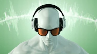 Gözlüklü ve kulaklıklı insanın soyut beyaz 3D modeli yeşil arka planda müzik dinliyor, kusursuz döngünün animasyonu 
