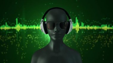 Gözlüklü ve kulaklıklı insanın soyut 3D modeli yeşil arka planda müzik dinliyor, kusursuz döngünün animasyonu 