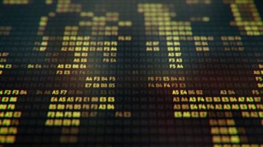 Bilgisayar ekranında farklı yapılandırmalarda sarı ikili kodu temsil eden teknolojik arkaplan, kusursuz döngünün animasyonu