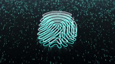 Koyu arkaplanda parlak parmak izi ikonu olan teknolojik altyapı. Kusursuz döngü 